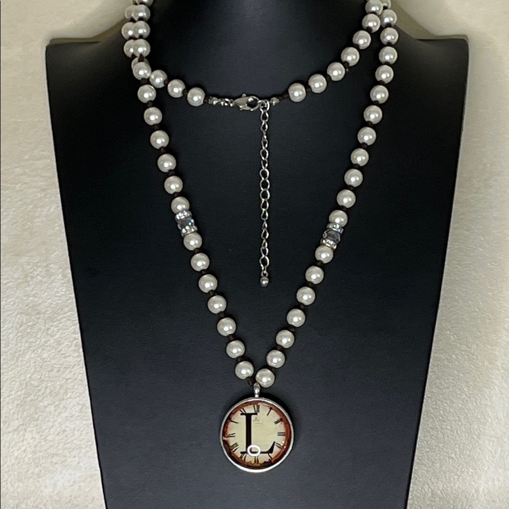 Elegant meets Steampunk Letter L watch face pendant on knotted glass pearl chain